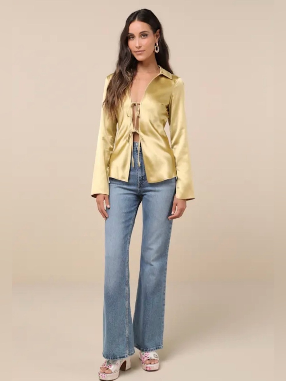 Lulus Coveted Aesthetic Gold Tie-Front Long Sleeve Collared Top Size Small NWT - Picture 6 of 8